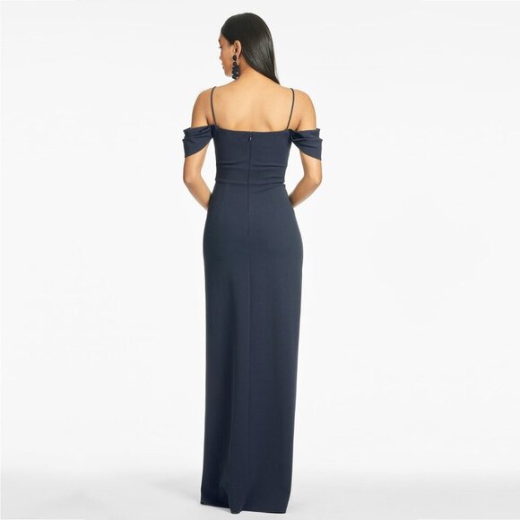NWT SACHIN + BABI Brittany Gown in Navy Blue Off-Shoulder Crepe Side Leg Slit 8 - Picture 4 of 9